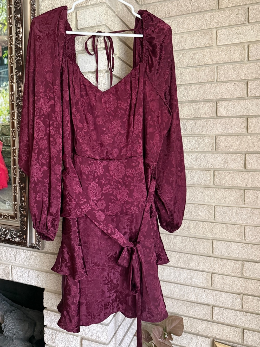 ARULA Wine Floral Jacquard Long Sleeve Wrap Dress